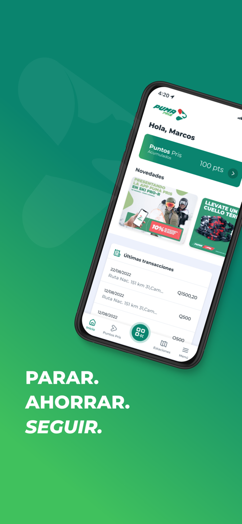 Puma PRIS (GT) - The Puma PRIS app home screen showing a user points balance and a list of recent transactions on a green background.