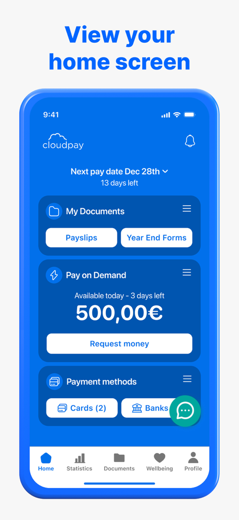 CloudPay - Pantalla de inicio de la aplicación CloudPay que muestra la fecha de pago próxima, el saldo de pago a demanda y las secciones de gestión de documentos