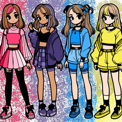 one girl with crop-top shirt and a jacket with a skirt, long socks and another girl with a shirt and pants with a jacket