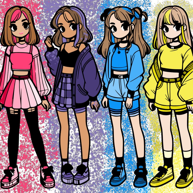 one girl with crop-top shirt and a jacket with a skirt, long socks and another girl with a shirt and pants with a jacket