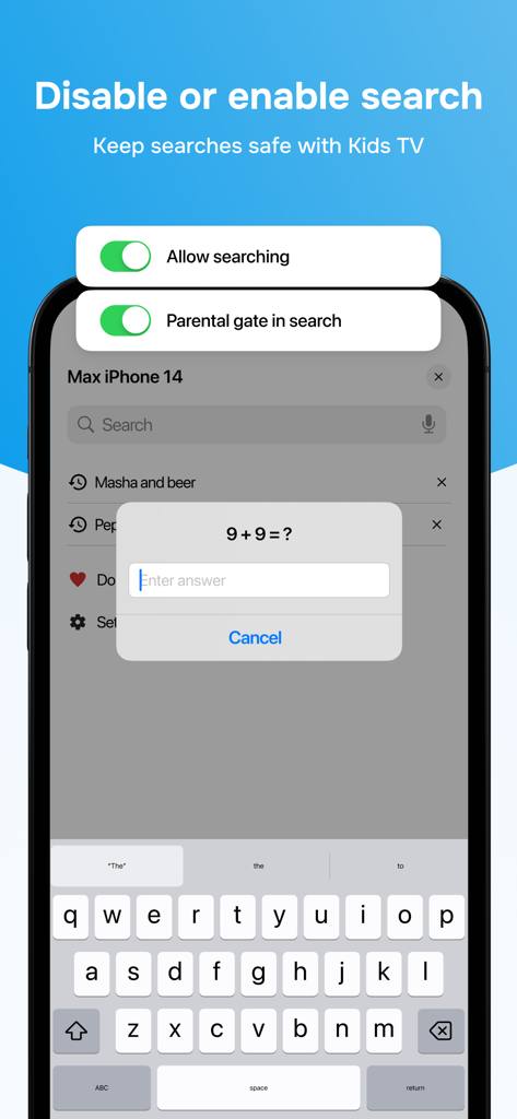 Sfida matematica del cancello parentale per accedere alle impostazioni di ricerca nell'app Kids TV.