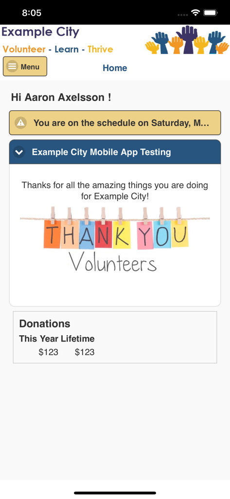 My Impact app dashboard showing volunteer schedule alerts and donation history summary