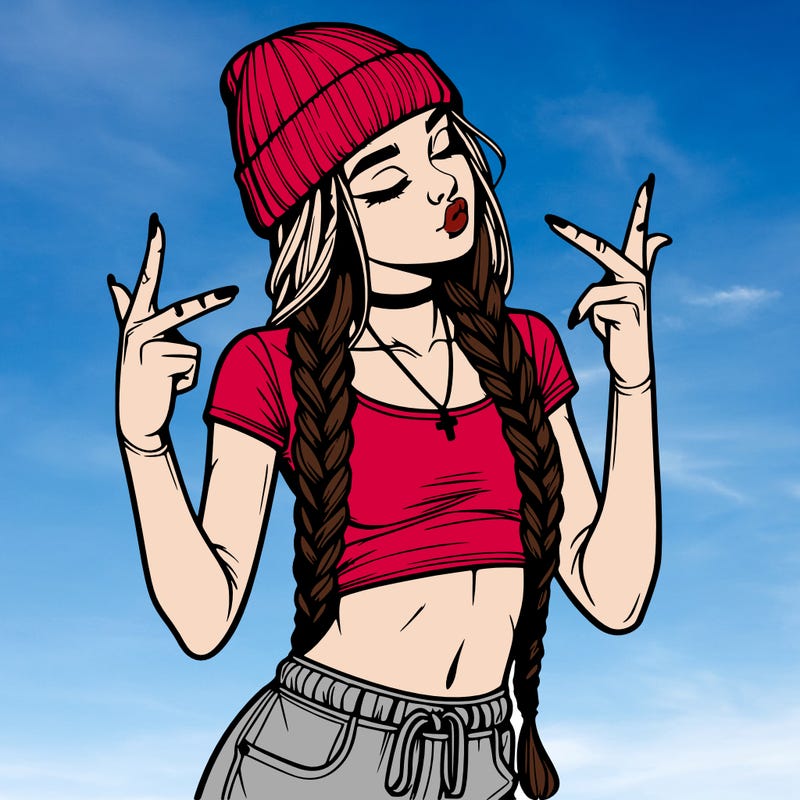 realistic teenage girl with braids and a beanie and crop top doing 🫶🏼