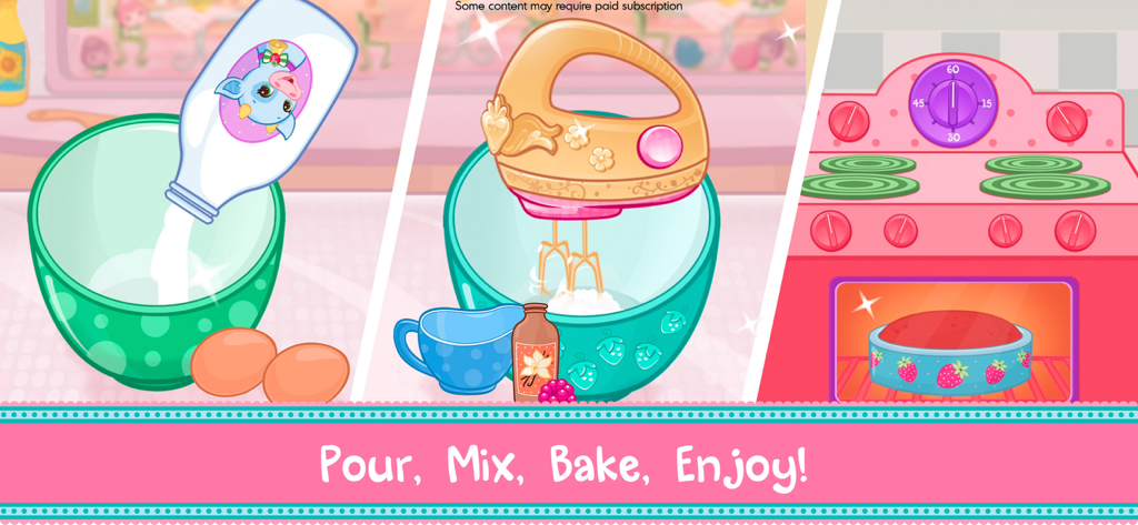 Strawberry Shortcake Bake Shop - Tre pannelli che mostrano il processo di versamento, miscelazione e cottura di una torta nell'app Strawberry Shortcake Bake Shop