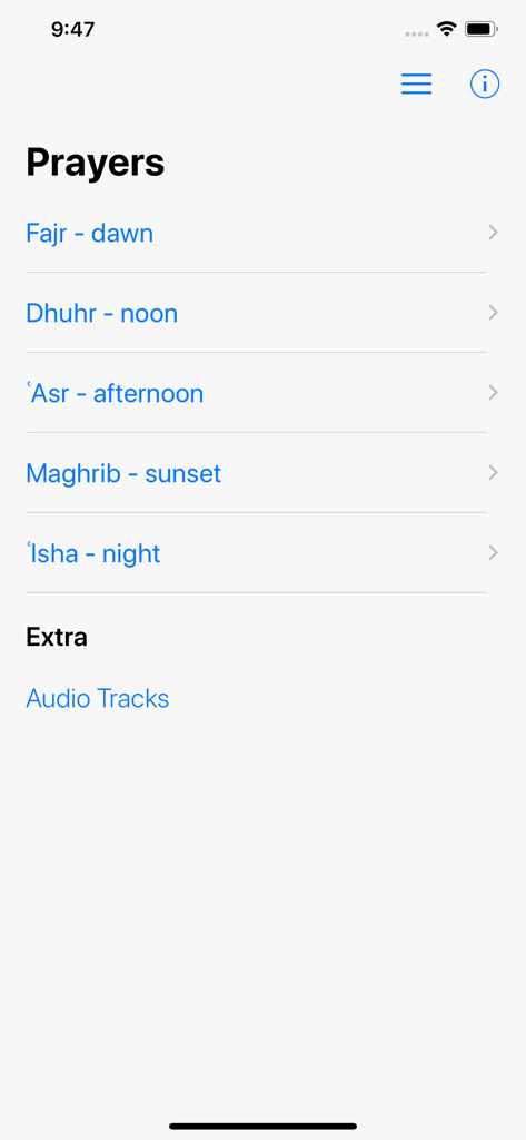A menu showing the five daily Islamic prayers Fajr Dhuhr Asr Maghrib and Isha in the Namaz app