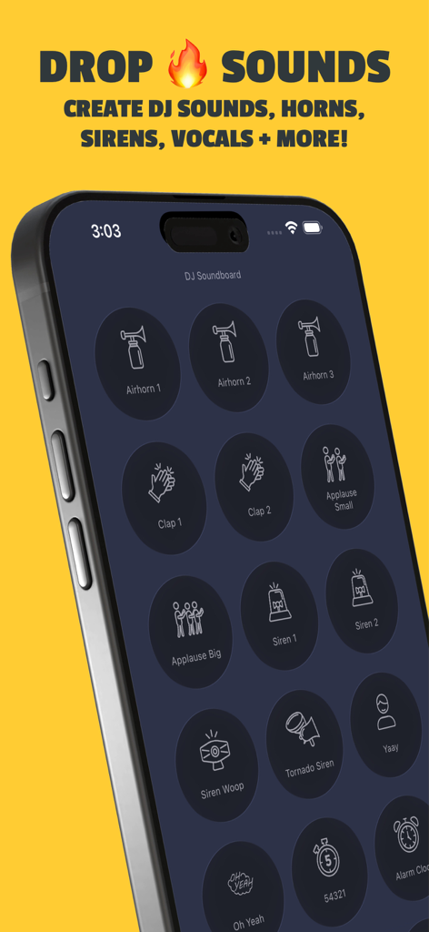 DJ Soundboard - A smartphone screen displaying the DJ Soundboard app interface with various sound effect icons like airhorns sirens and claps
