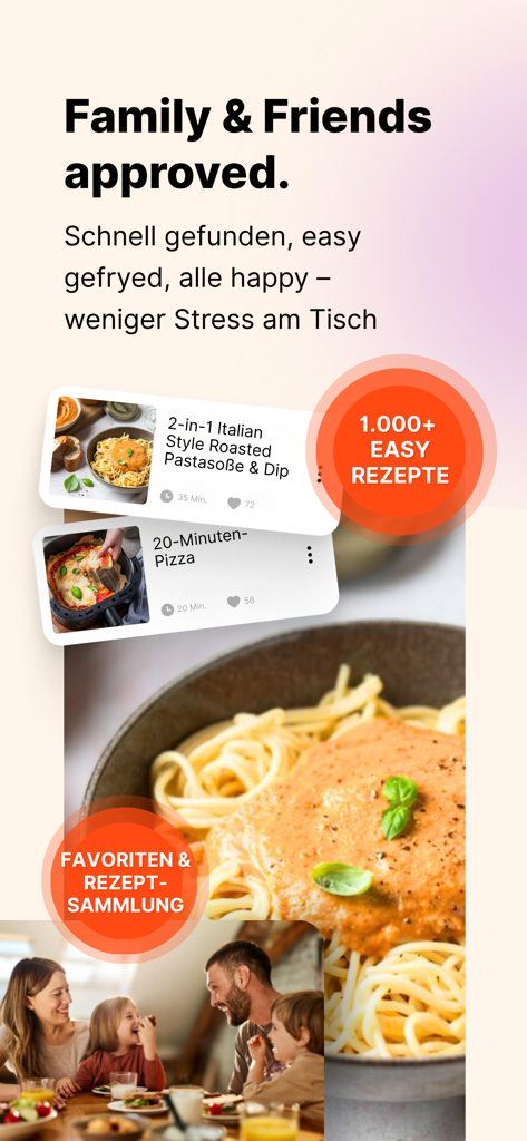 エアフライヤークラブアプリには、家族が承認したレシピとミールプランニング機能が表示されています