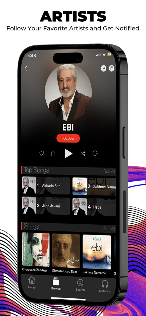 Navahang - Artist profile for Persian singer Ebi in the Navahang music app showing top songs and follow button