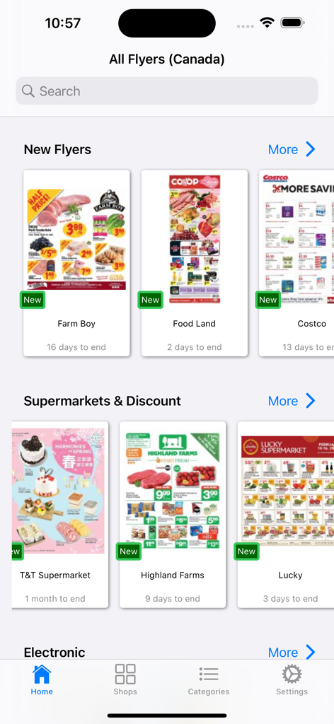 All Flyers (Canada) - Screenshot of the All Flyers Canada app home screen showing various grocery flyers from stores like Farm Boy, Costco, and T&T Supermarket.