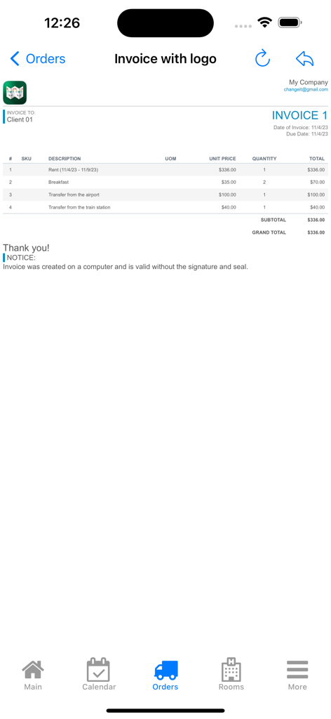 Nano Hotel Booking - A professional invoice screen in the Nano Hotel Booking app listing rent, breakfast, and transfer service charges for a small business client.