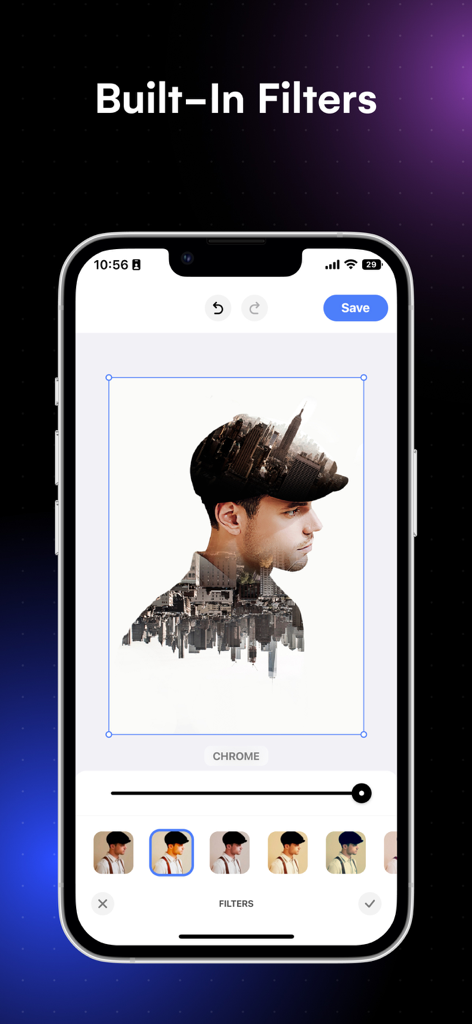 Blend Photos - A mobile interface of the Blend Photos app showing a double exposure effect with built-in filters.