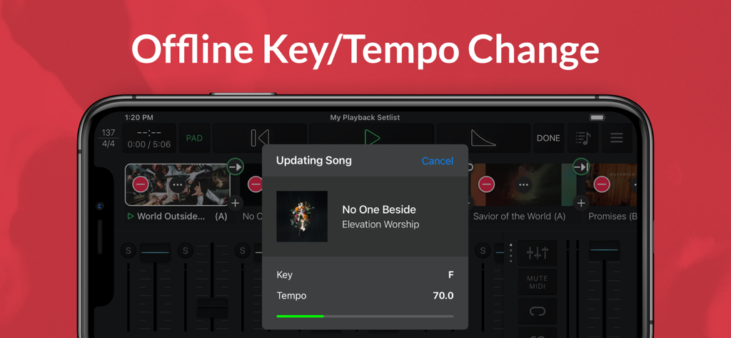 Playback - iPhone上のプレイバックアプリのインターフェース。オフラインでのキーとテンポ調整のための曲のアップデートを表示。