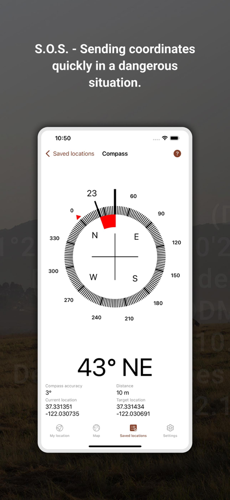 My GPS Coordinates Lite - Interface de bússola digital no aplicativo My GPS Coordinates Lite mostrando coordenadas atuais e de destino com texto de recurso de segurança SOS.