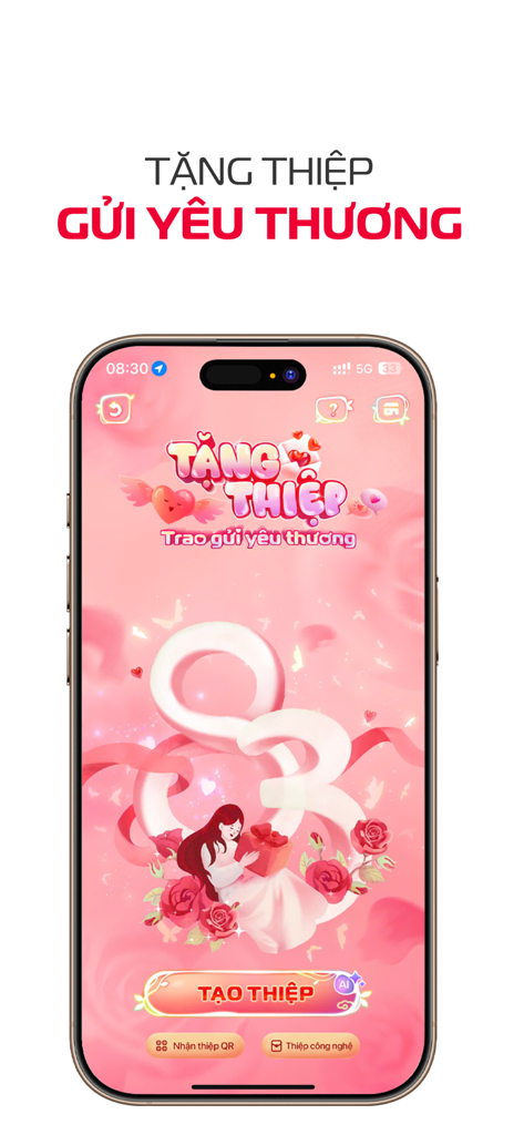 Interface of Viettel Money app showing a digital greeting card creation feature with a festive pink theme for International Women's Day