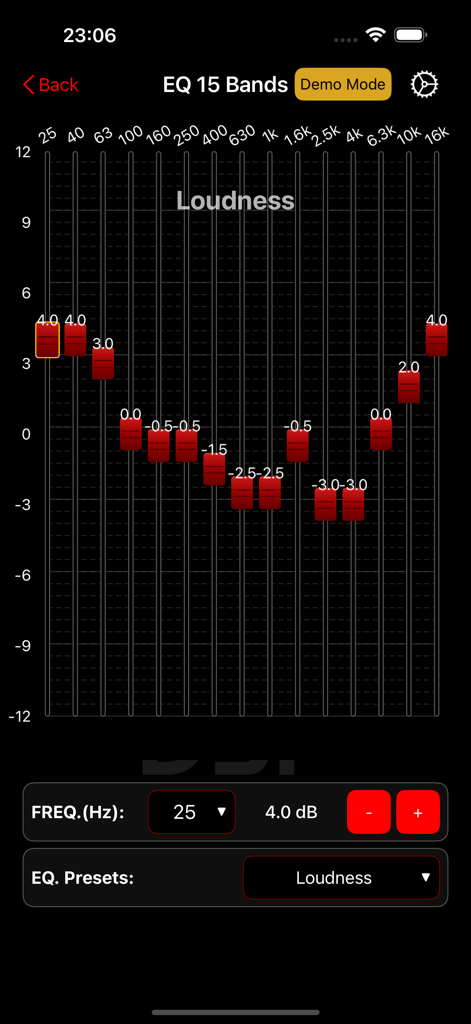 Taramps Pro - Interface of the Taramps Pro app showing a 15 band graphic equalizer with loudness preset adjustments