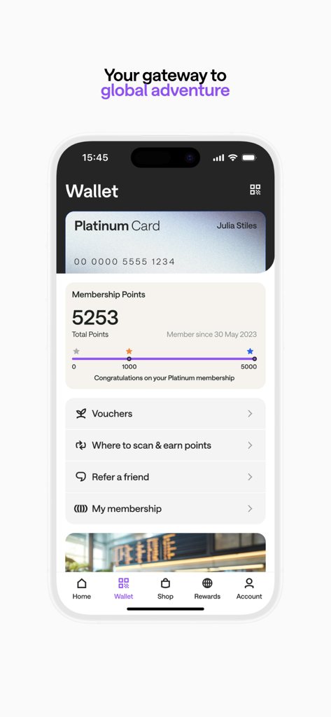 Club Avolta app wallet screen showing membership points balance and a digital platinum status card.