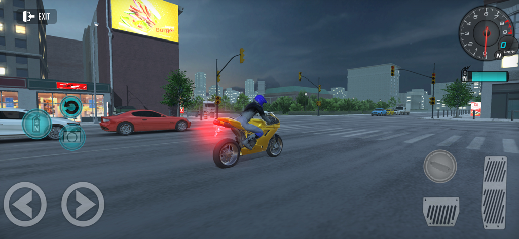 Motorcycle Driving Bike Racing - A yellow sports bike driving through a 3D city street in a racing game