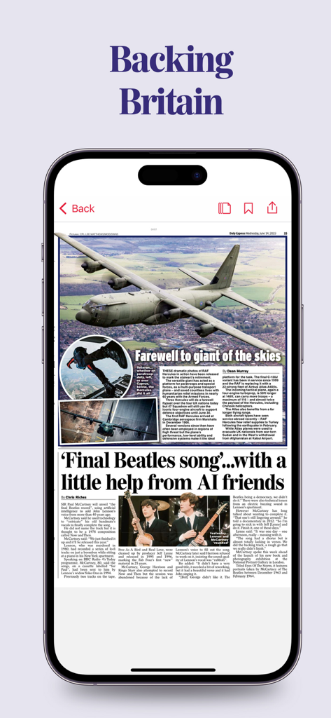 Una réplica digital del periódico Daily Express en una pantalla de iPhone que muestra artículos de noticias sobre la RAF y los Beatles.