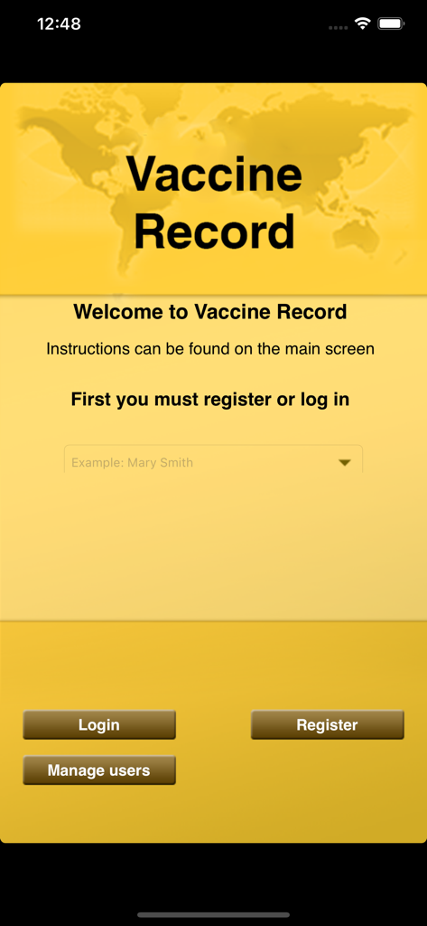 Welcome screen of the Vaccine Record for Travellers app showing login and registration options over a yellow world map background