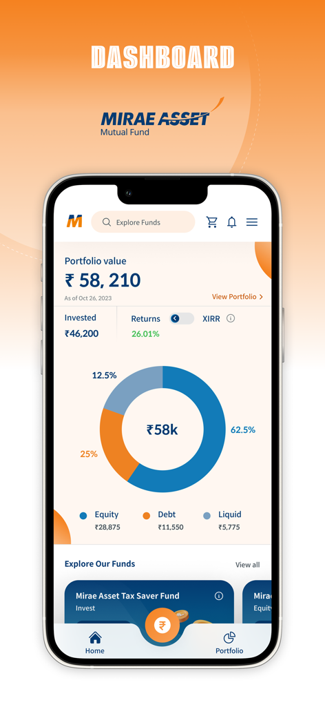 Mirae Asset Mutual Fund app dashboard displaying investment portfolio value and asset allocation chart