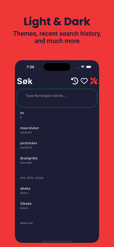 Norwegisch-Wörterbuch-App-Oberfläche mit Dunkelmodus und Suchverlauf