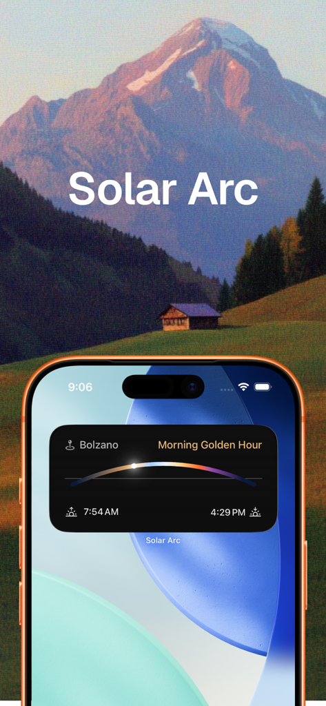 Solar Arc: Sun and Moon Widget - Widget de la aplicación Solar Arc que muestra la hora dorada de la mañana y la visualización de la trayectoria solar en la pantalla de un iPhone