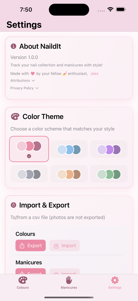 NaildIt - NaildIt 앱의 설정 화면으로 맞춤 설정 가능한 색상 테마와 네일 폴란드 컬렉션의 가져오기/내보내기 옵션을 보여줍니다.