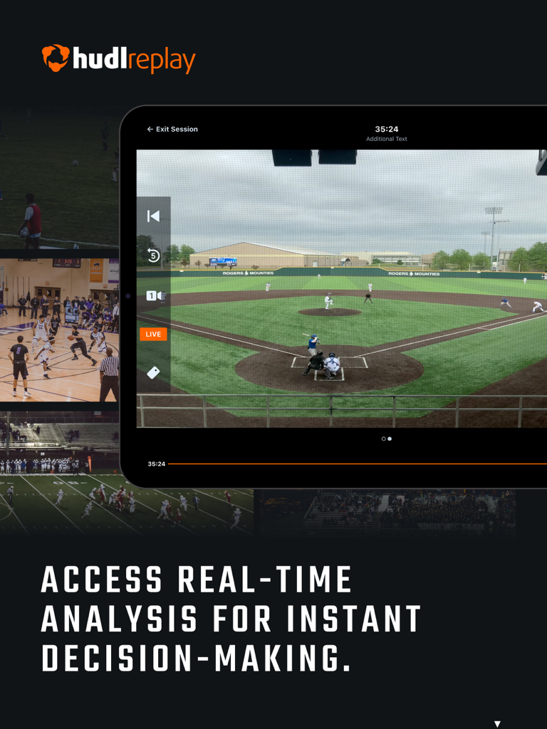 Hudl Replay - iPad showing the Hudl Replay app with a live baseball game and real-time analysis features for coaches