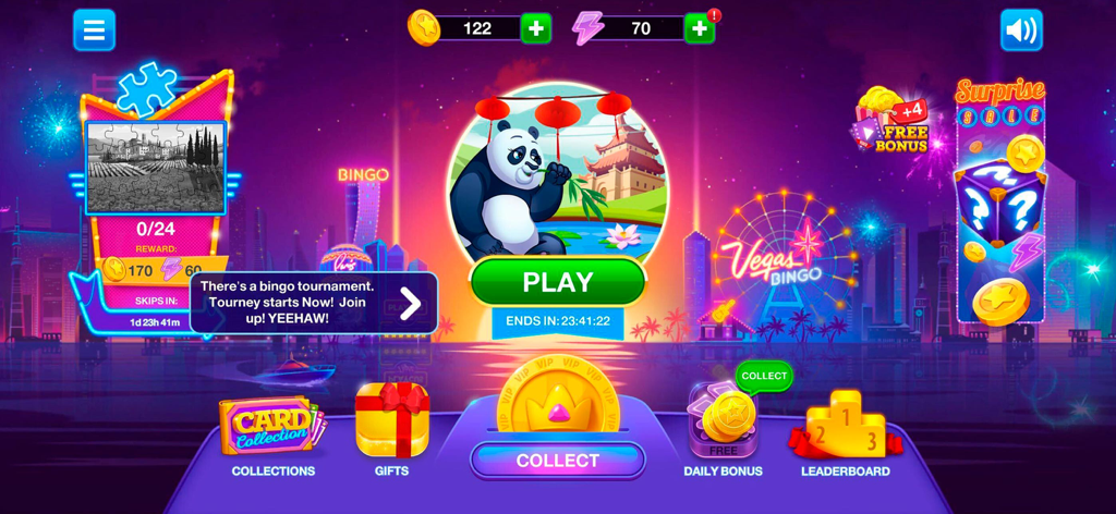 Bingo Star - Bingo Games - The main lobby screen of Bingo Star featuring a play button and game rewards