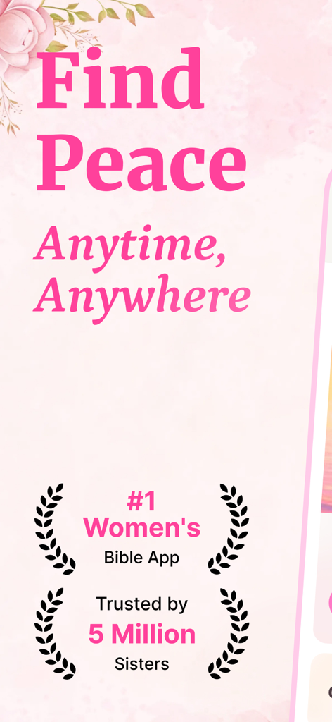 Bible For Women. - Promotional screen for the Bible For Women app with the text Find Peace Anytime Anywhere and trust badges for being the number one bible app for women.