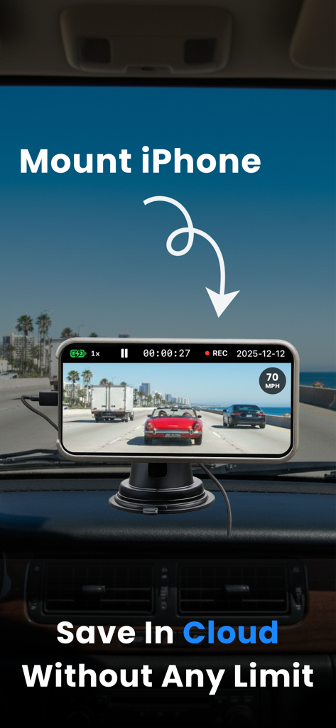 ダッシュボードに取り付けられたiPhoneが、スピードとクラウドストレージ機能を備えたDashCamアプリで道路を録画している様子
