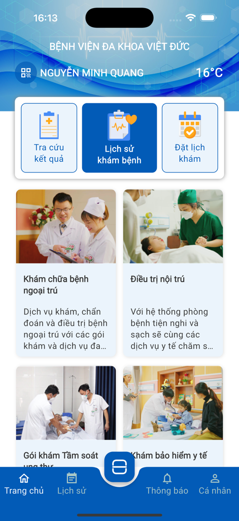 Y Khoa Việt Đức - Home screen of the Y Khoa Viet Duc medical app featuring appointment booking and medical history options