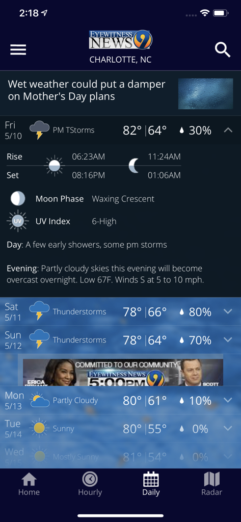 WSOC TV Channel 9 weather app interface showing daily forecast for Charlotte North Carolina