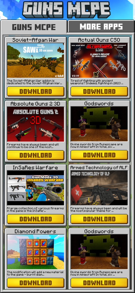 Gun Addons Skins for Minecraft - Interfaz de la aplicación mostrando una lista de addons de armas y armamento militar para Minecraft Pocket Edition con botones de descarga
