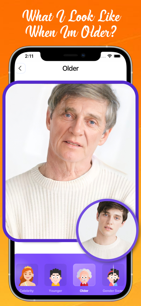 How Will I Look When Im Older - Mobile app interface showing a young man and his AI generated older version using an aging filter.