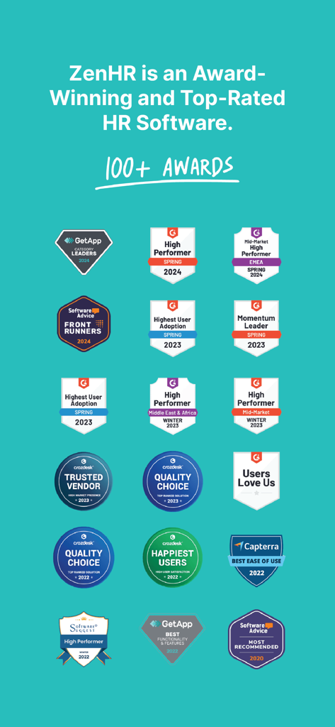 ZenHR - A collection of top rated industry awards and badges for ZenHR software from G2 Capterra and GetApp