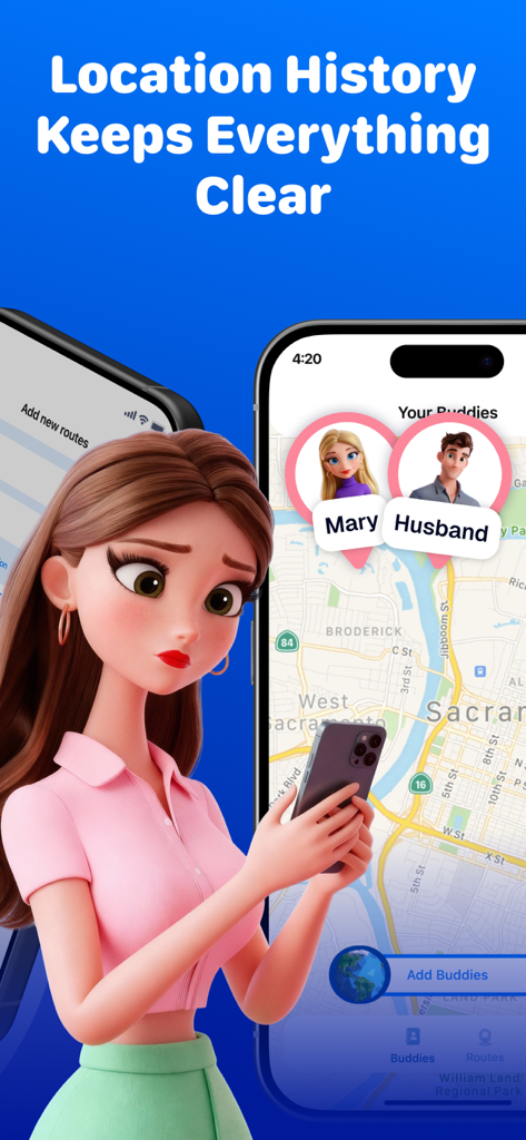 Location Tracker: My Friends - A 3D character holding a smartphone displaying a map with friend location pins and location history text