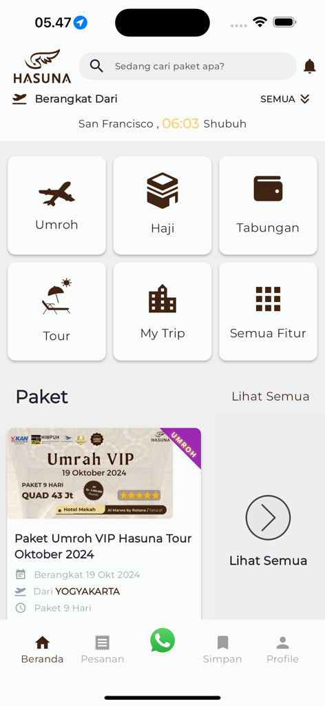 Hasuna Tour - Hasuna Tour mobile app home page displaying Umrah and Haji travel categories