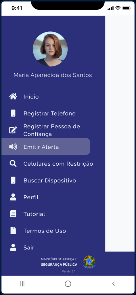Celular Seguro BR - Side navigation menu of the Celular Seguro BR app showing user profile and security options like Register Phone and Issue Alert.