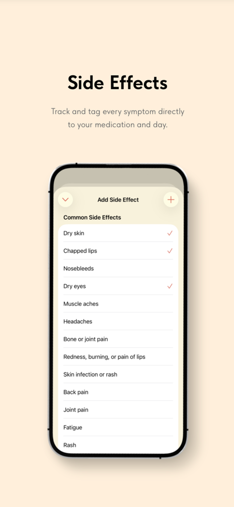 Iso - Interfaz móvil de la aplicación Iso que muestra una lista de verificación para rastrear efectos secundarios como piel seca y labios agrietados