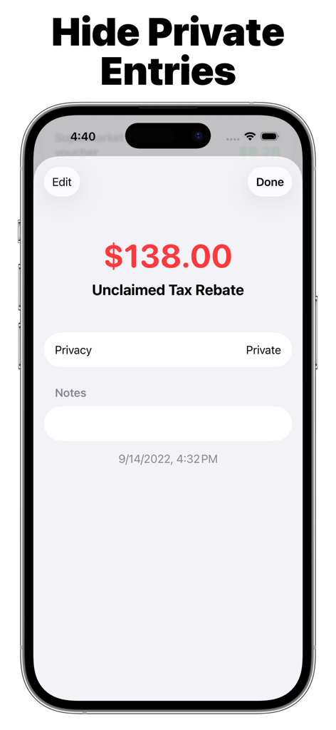 Money Habit Tracker: How Much? - A screenshot of the Money Habit Tracker app showing how to hide private financial entries.
