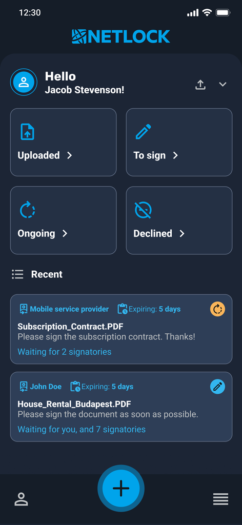 Netlock mobile app dashboard showing document signature status categories and a list of recent PDF files ready for signing.