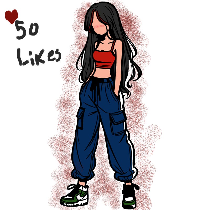 girl in baggy pants crop top and long hair