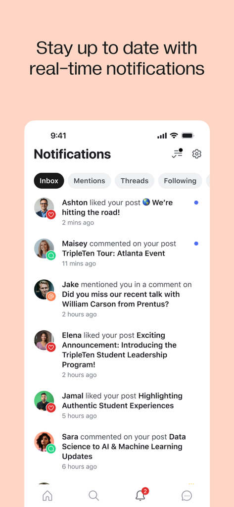 TripleTen Hub - Pantalla de notificaciones de la aplicación TripleTen Hub que muestra interacciones de estudiantes y actualizaciones de eventos
