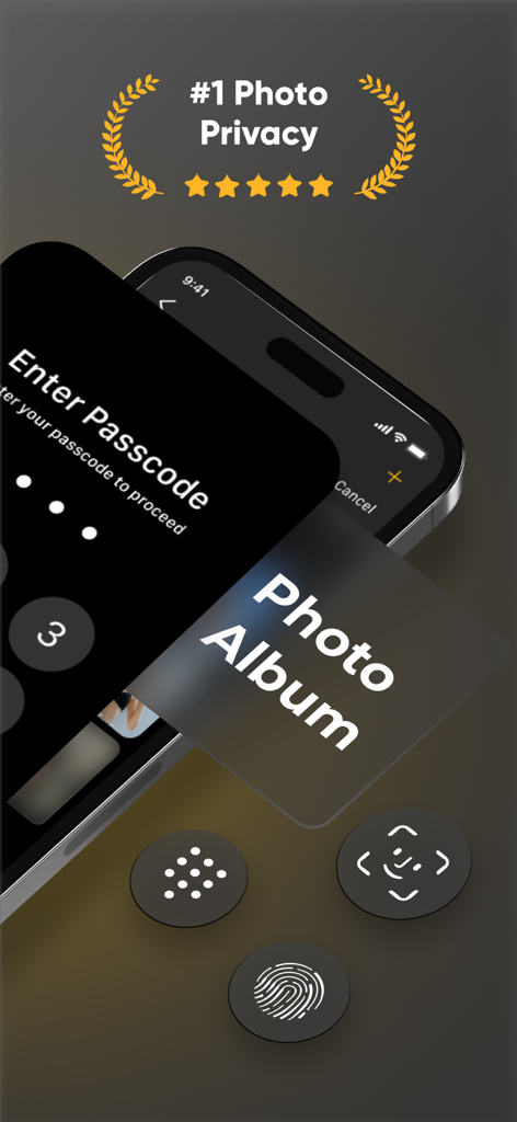 SPV Photo Vault app showing a passcode lock screen with Face ID and fingerprint security icons for protecting private photo albums