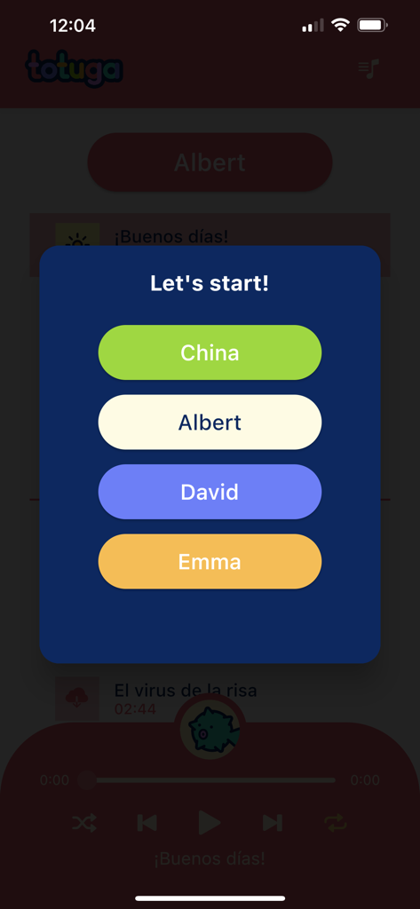 Totuga Music - Una pantalla de la aplicación Totuga Music mostrando una ventana emergente para seleccionar un nombre de niño para canciones personalizadas.