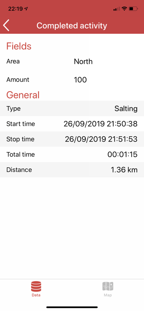 Summary of a completed salting activity showing duration and distance in the Call and Report app