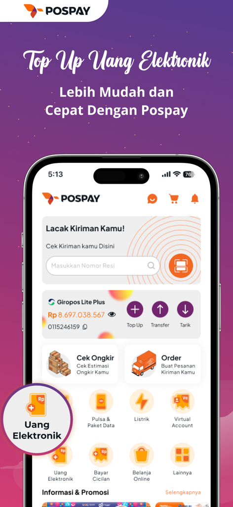 The POSPAY mobile app interface showing digital wallet balance, shipment tracking, and various bill payment services like electricity and data packages.