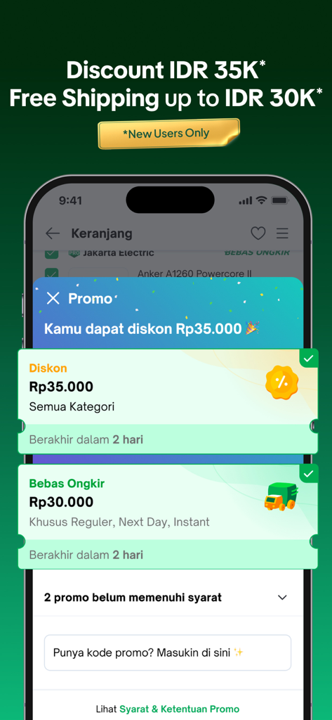 Tokopedia - Tokopedia app screen showing a new user promotion with a thirty-five thousand IDR discount and free shipping offer