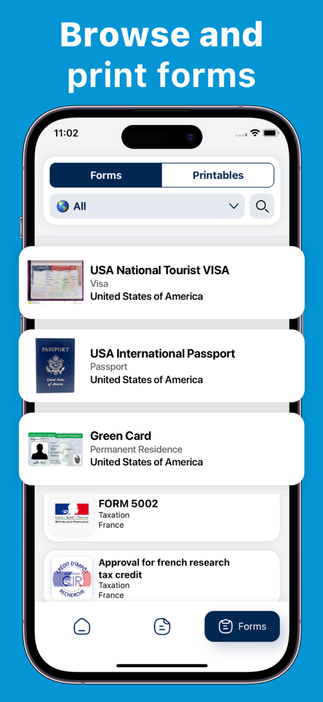 Ein iPhone, das die Benutzeroberfläche der Drucker-App mit einem Menü offizieller Dokumente wie USA National Tourist Visa, International Passport und Green Card anzeigt, die zum Drucken bereit sind.